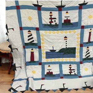 Vintage Nautical Lighthouse Patchwork Quilt & Shams Full Size